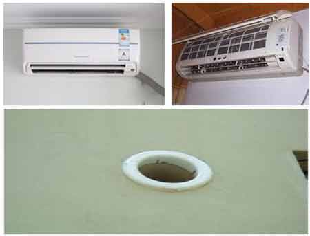 空調(diào)拆室內(nèi)機(jī)用2個(gè)扳手把室內(nèi)機(jī)連接鎖母擰松，然后用手旋出鎖母，用改錐卸下控制線。單冷型空調(diào)器控制線中，有二根電源線，一根保護(hù)地線。接線端子板有A、B，l、2標(biāo)記。冷暖兩用型空調(diào)器控制線及電源都在5根線以上.jpg